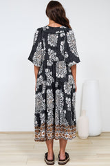 Kamali Midi Dress - Batwing Sleeve Smock Dress with Lace Detailing in Divani Print Black