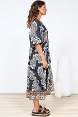 Kamali Midi Dress - Batwing Sleeve Smock Dress with Lace Detailing in Divani Print Black