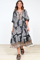 Kamali Midi Dress - Batwing Sleeve Smock Dress with Lace Detailing in Divani Print Black