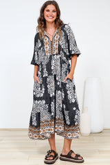 Kamali Midi Dress - Batwing Sleeve Smock Dress with Lace Detailing in Divani Print Black