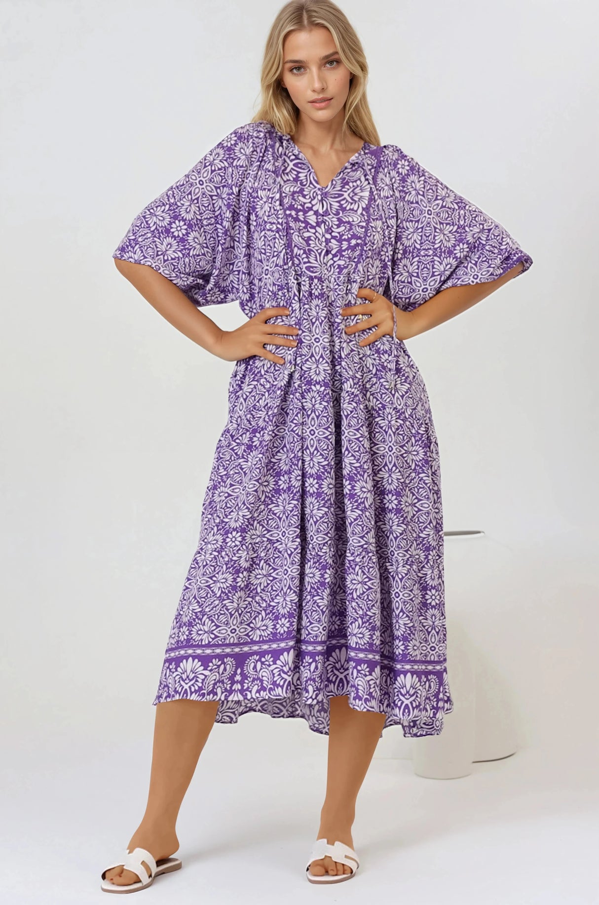Kamali Midi Dress - Batwing Sleeve Smock Dress with Lace Detailing in Harley Print Purple