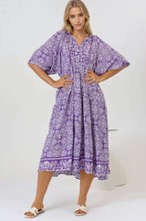 Kamali Midi Dress - Batwing Sleeve Smock Dress with Lace Detailing in Harley Print Purple