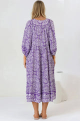 Kamali Midi Dress - Batwing Sleeve Smock Dress with Lace Detailing in Harley Print Purple