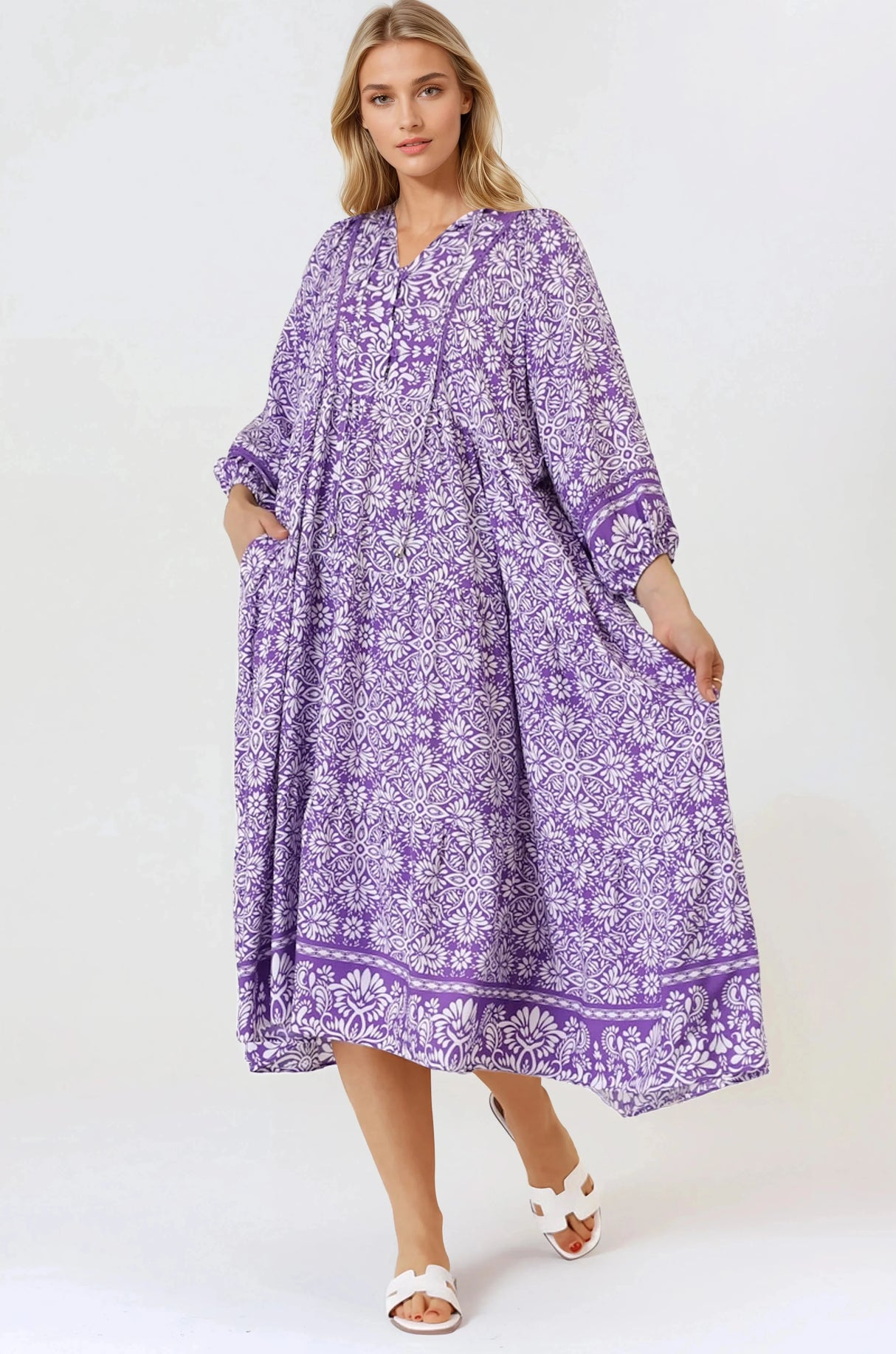 Kamali Midi Dress - Batwing Sleeve Smock Dress with Lace Detailing in Harley Print Purple