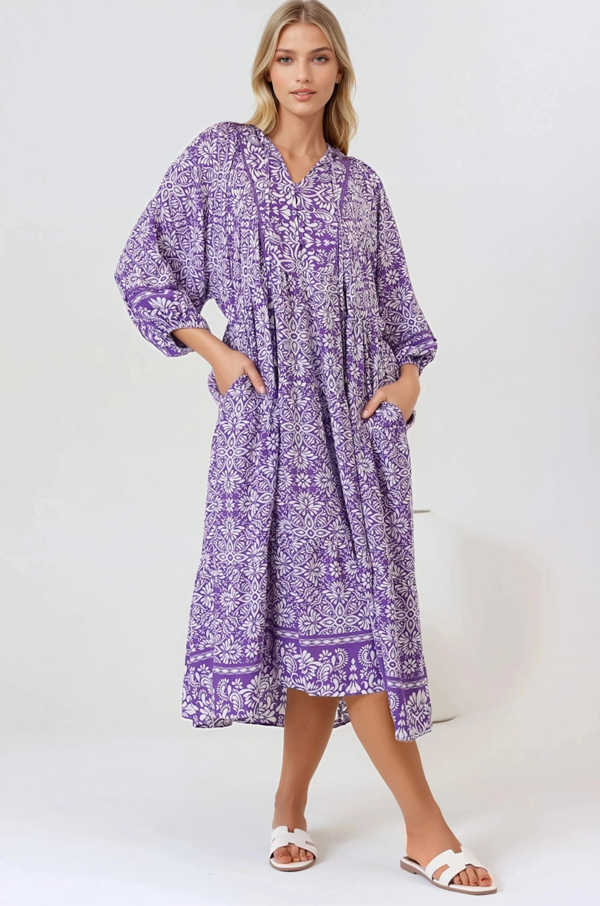 Kamali Midi Dress - Batwing Sleeve Smock Dress with Lace Detailing in Harley Print Purple