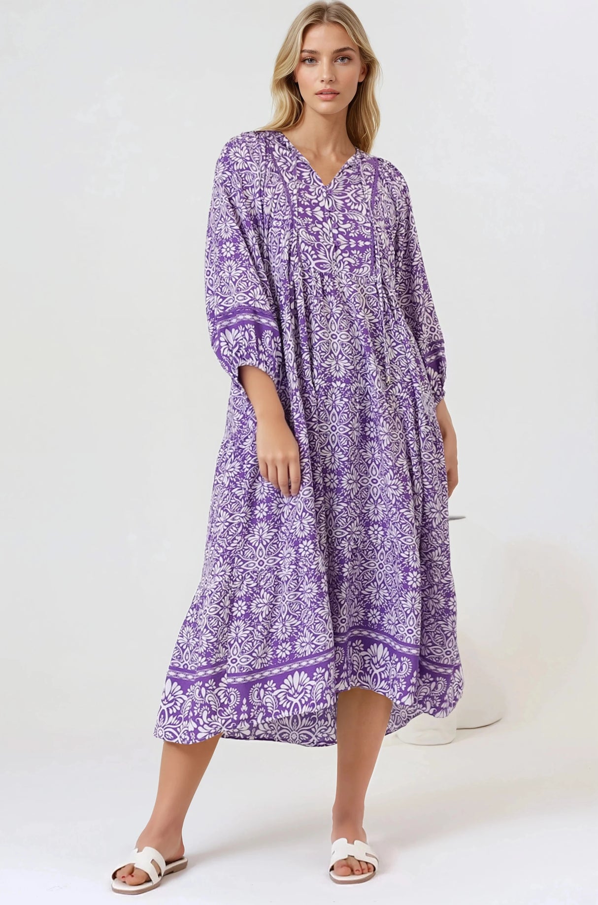 Kamali Midi Dress - Batwing Sleeve Smock Dress with Lace Detailing in Harley Print Purple