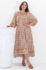 Kamali Midi Dress - Batwing Sleeve Smock Dress with Lace Detailing in Harley Print Rust