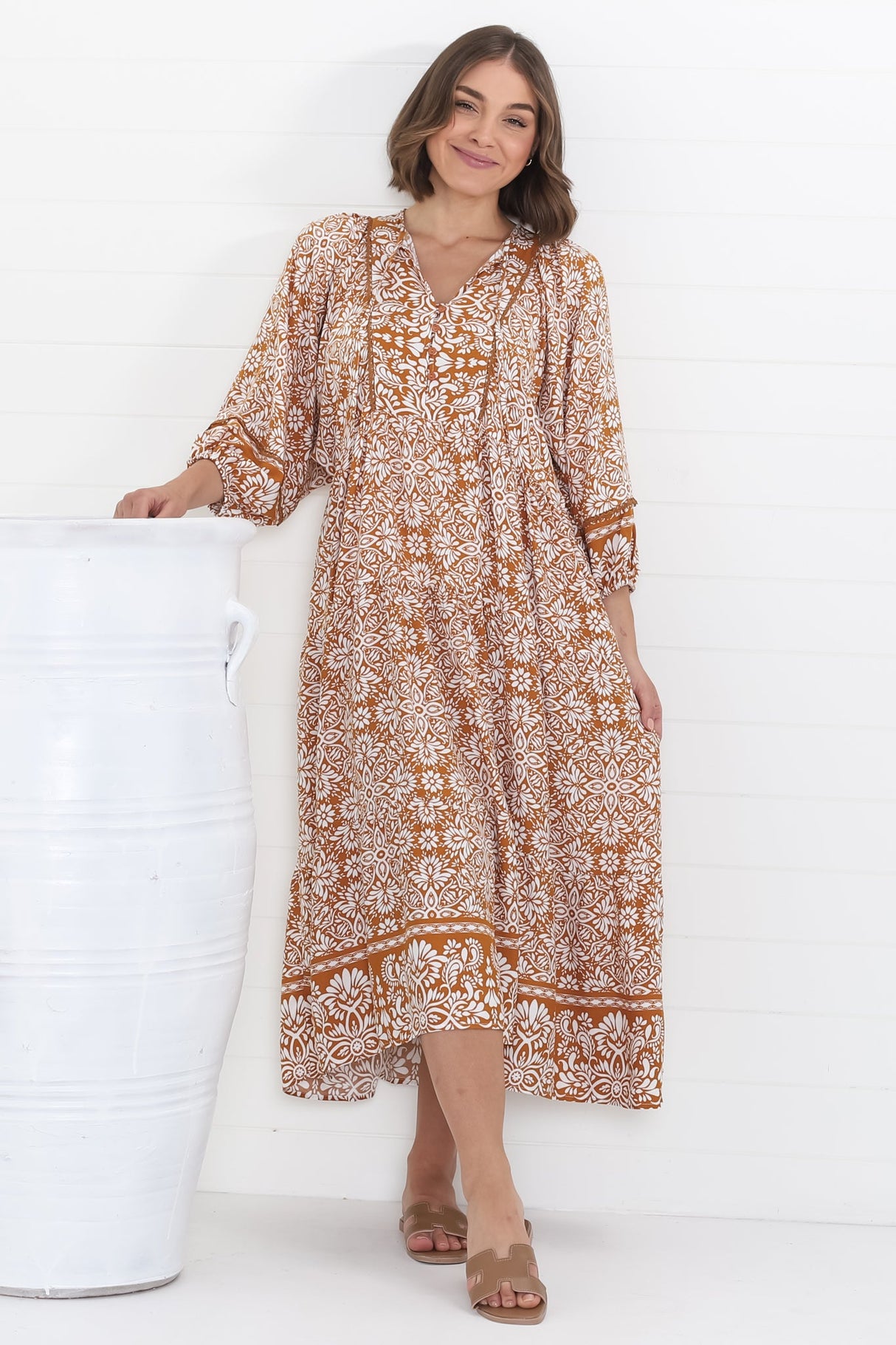 Kamali Midi Dress - Batwing Sleeve Smock Dress with Lace Detailing in Harley Print Rust