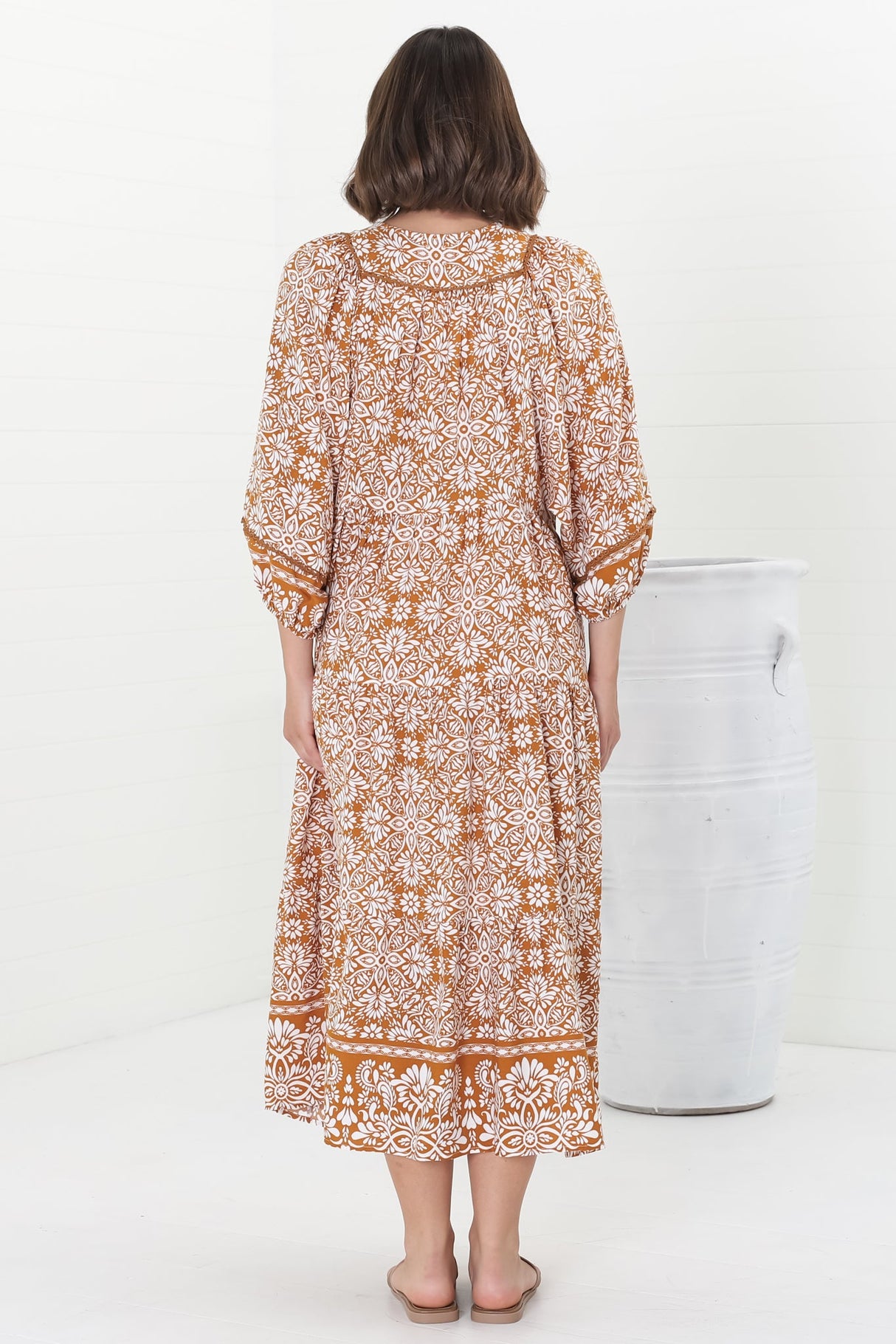 Kamali Midi Dress - Batwing Sleeve Smock Dress with Lace Detailing in Harley Print Rust