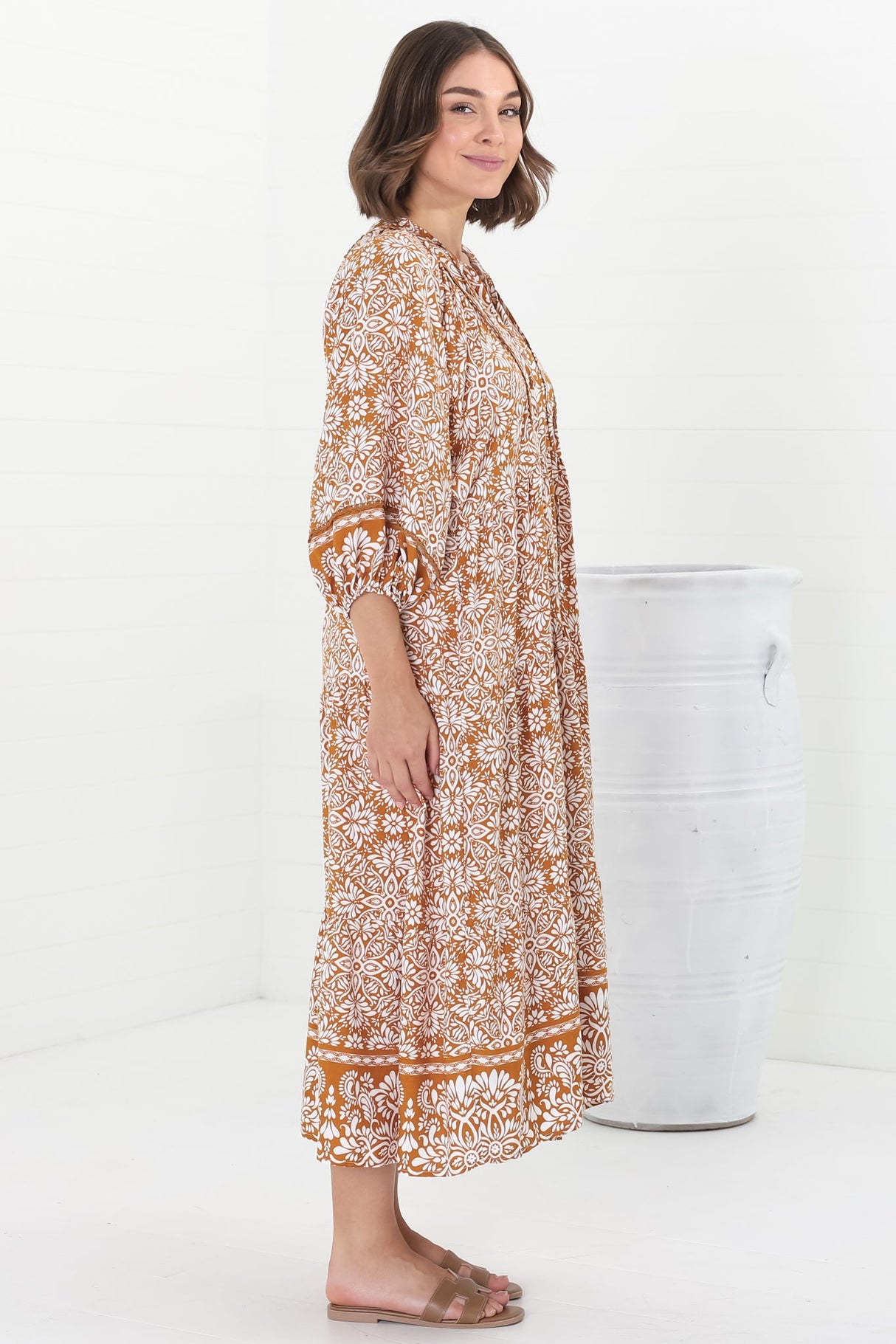 Kamali Midi Dress - Batwing Sleeve Smock Dress with Lace Detailing in Harley Print Rust