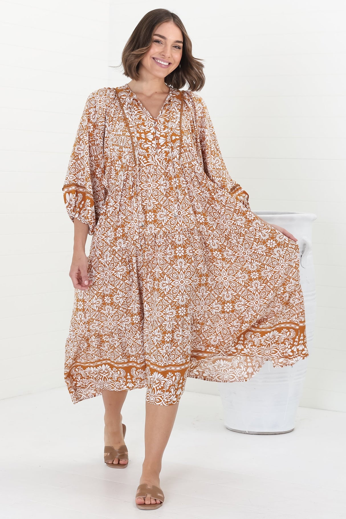 Kamali Midi Dress - Batwing Sleeve Smock Dress with Lace Detailing in Harley Print Rust