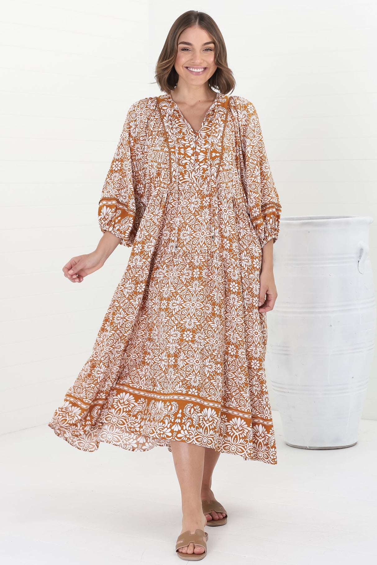 Kamali Midi Dress - Batwing Sleeve Smock Dress with Lace Detailing in Harley Print Rust