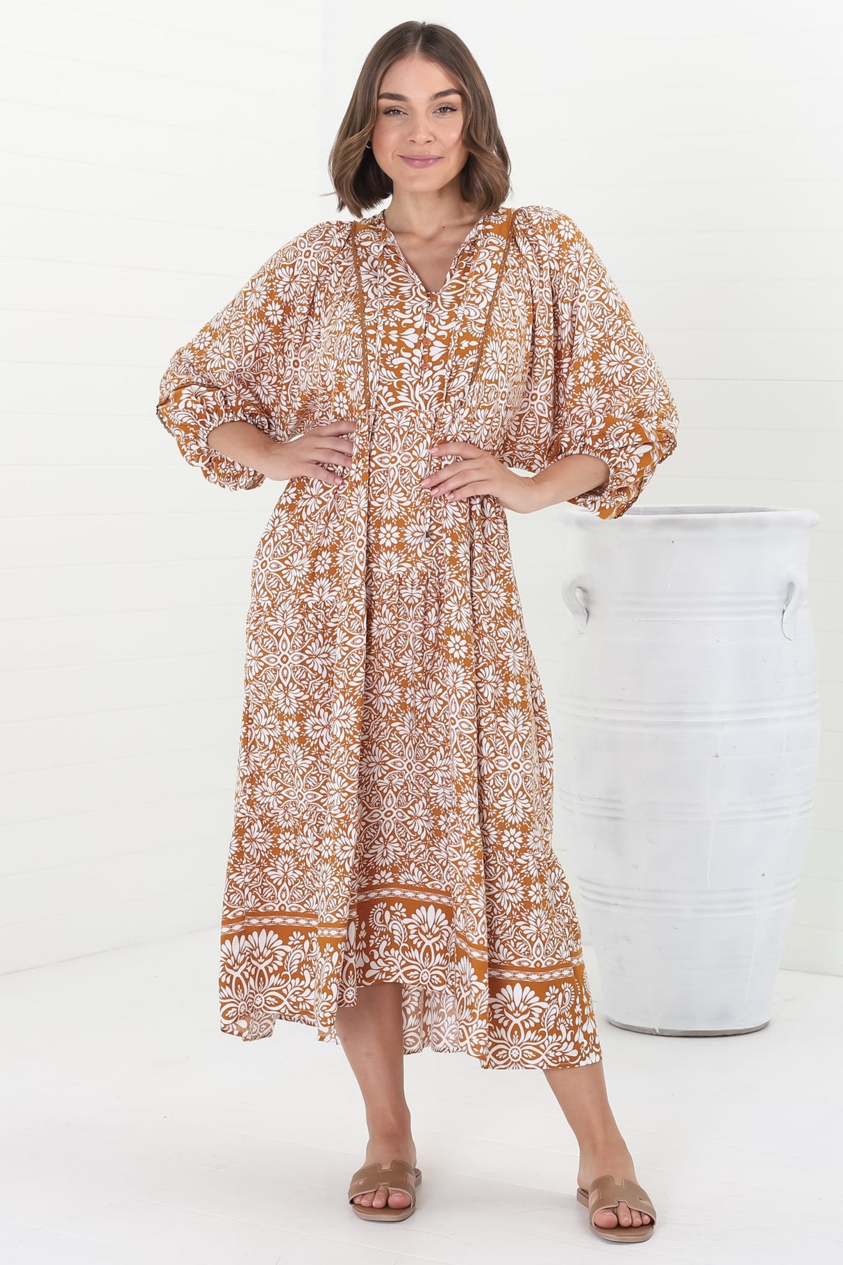 Kamali Midi Dress - Batwing Sleeve Smock Dress with Lace Detailing in Harley Print Rust