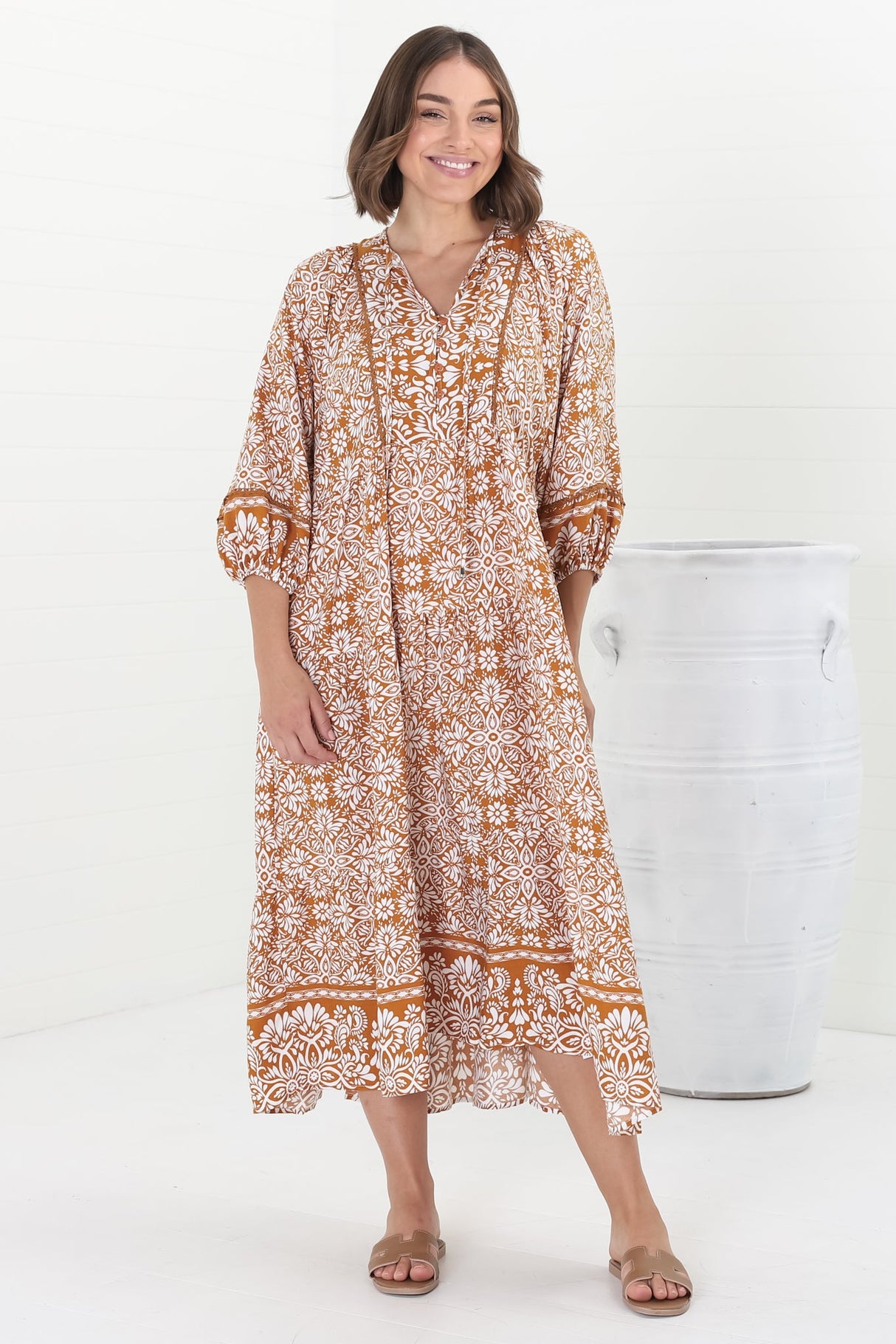 Kamali Midi Dress - Batwing Sleeve Smock Dress with Lace Detailing in Harley Print Rust