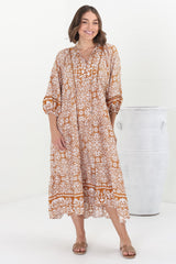 Kamali Midi Dress - Batwing Sleeve Smock Dress with Lace Detailing in Harley Print Rust