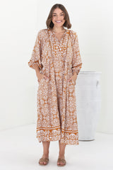 Kamali Midi Dress - Batwing Sleeve Smock Dress with Lace Detailing in Harley Print Rust