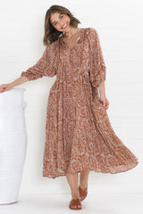 Kamali Midi Dress - Batwing Sleeve Smock Dress with Lace Detailing in Khalid Print Rust