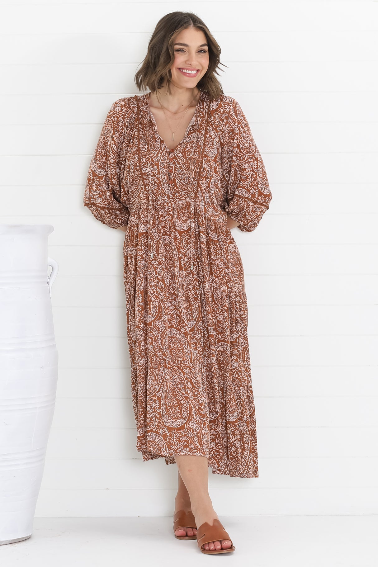 Kamali Midi Dress - Batwing Sleeve Smock Dress with Lace Detailing in Khalid Print Rust