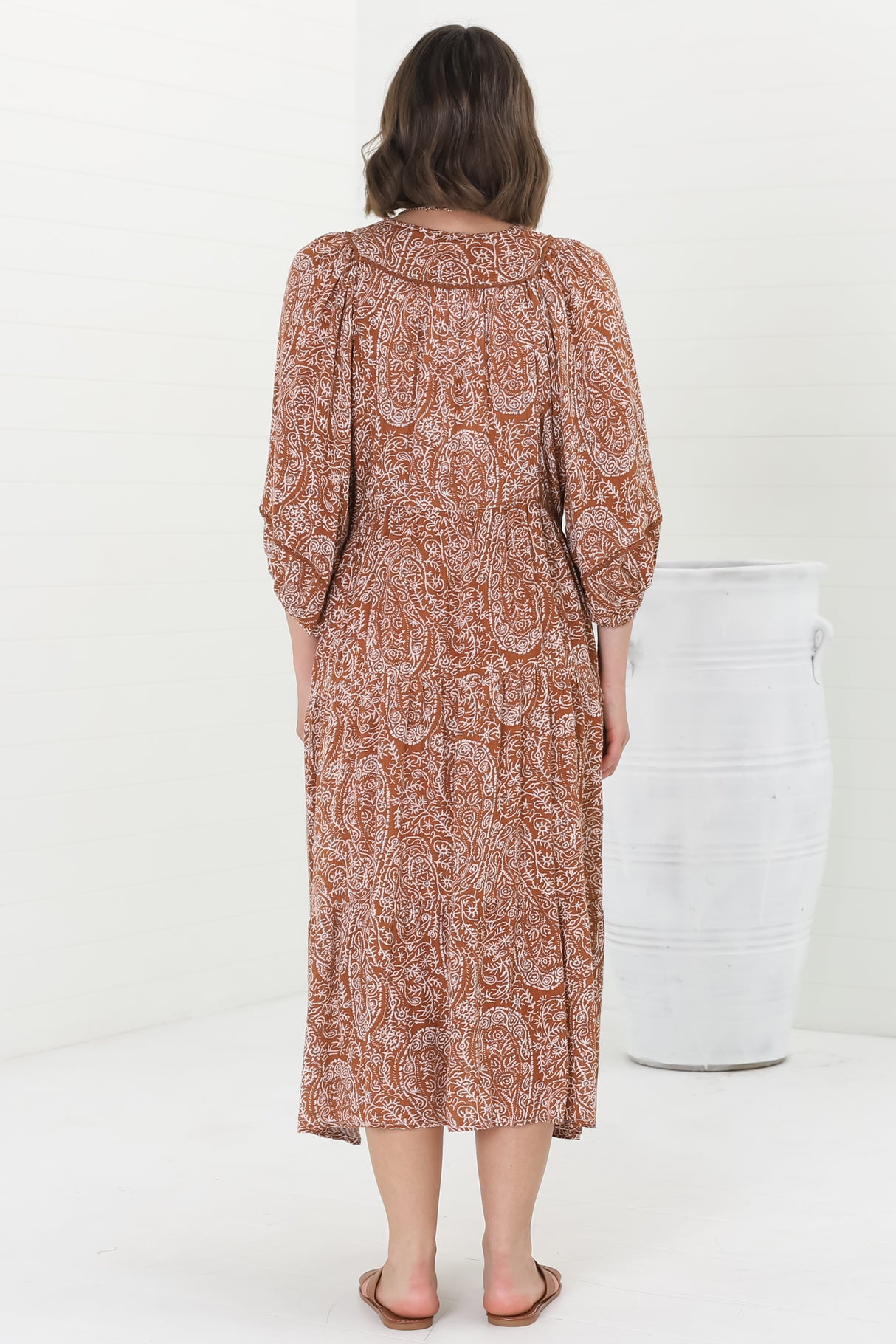 Kamali Midi Dress - Batwing Sleeve Smock Dress with Lace Detailing in Khalid Print Rust