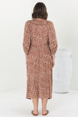 Kamali Midi Dress - Batwing Sleeve Smock Dress with Lace Detailing in Khalid Print Rust