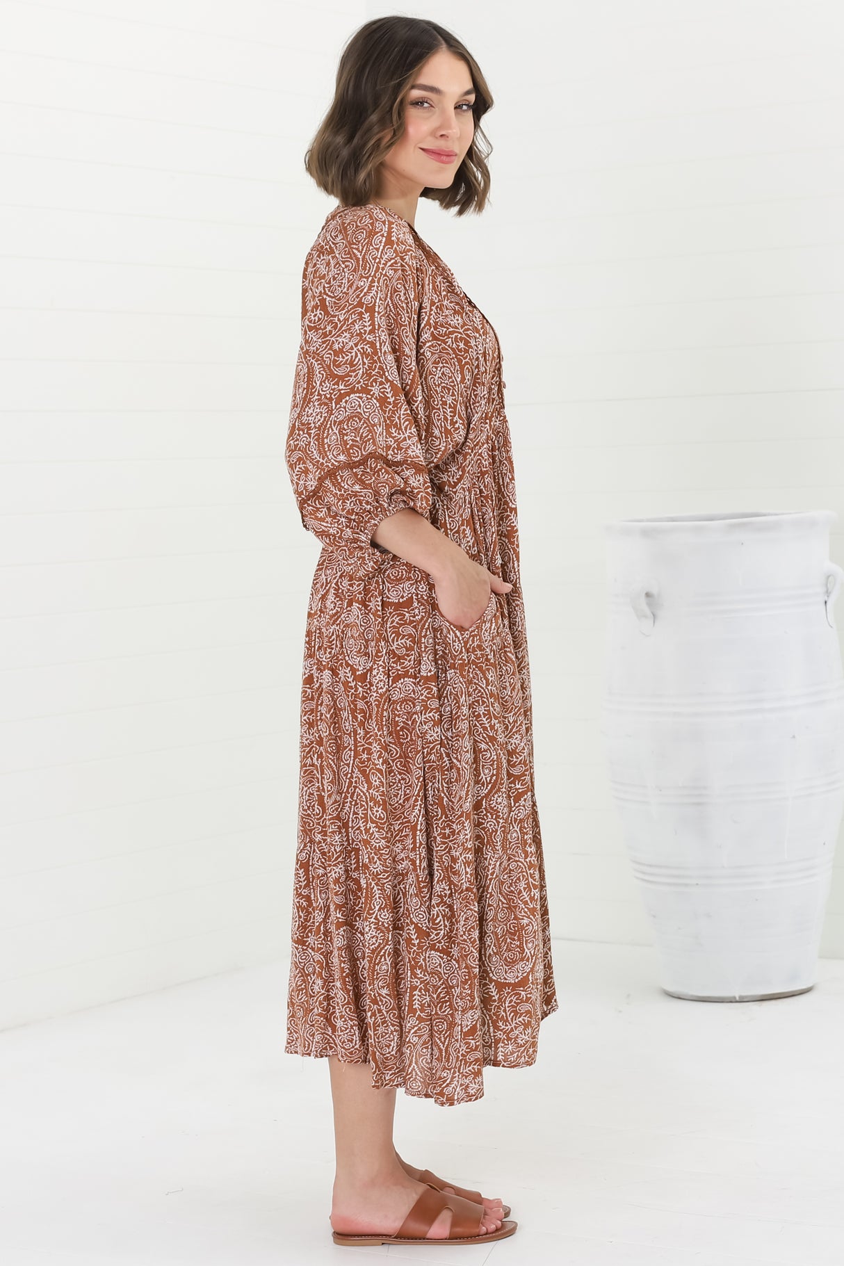 Kamali Midi Dress - Batwing Sleeve Smock Dress with Lace Detailing in Khalid Print Rust