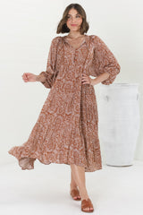 Kamali Midi Dress - Batwing Sleeve Smock Dress with Lace Detailing in Khalid Print Rust