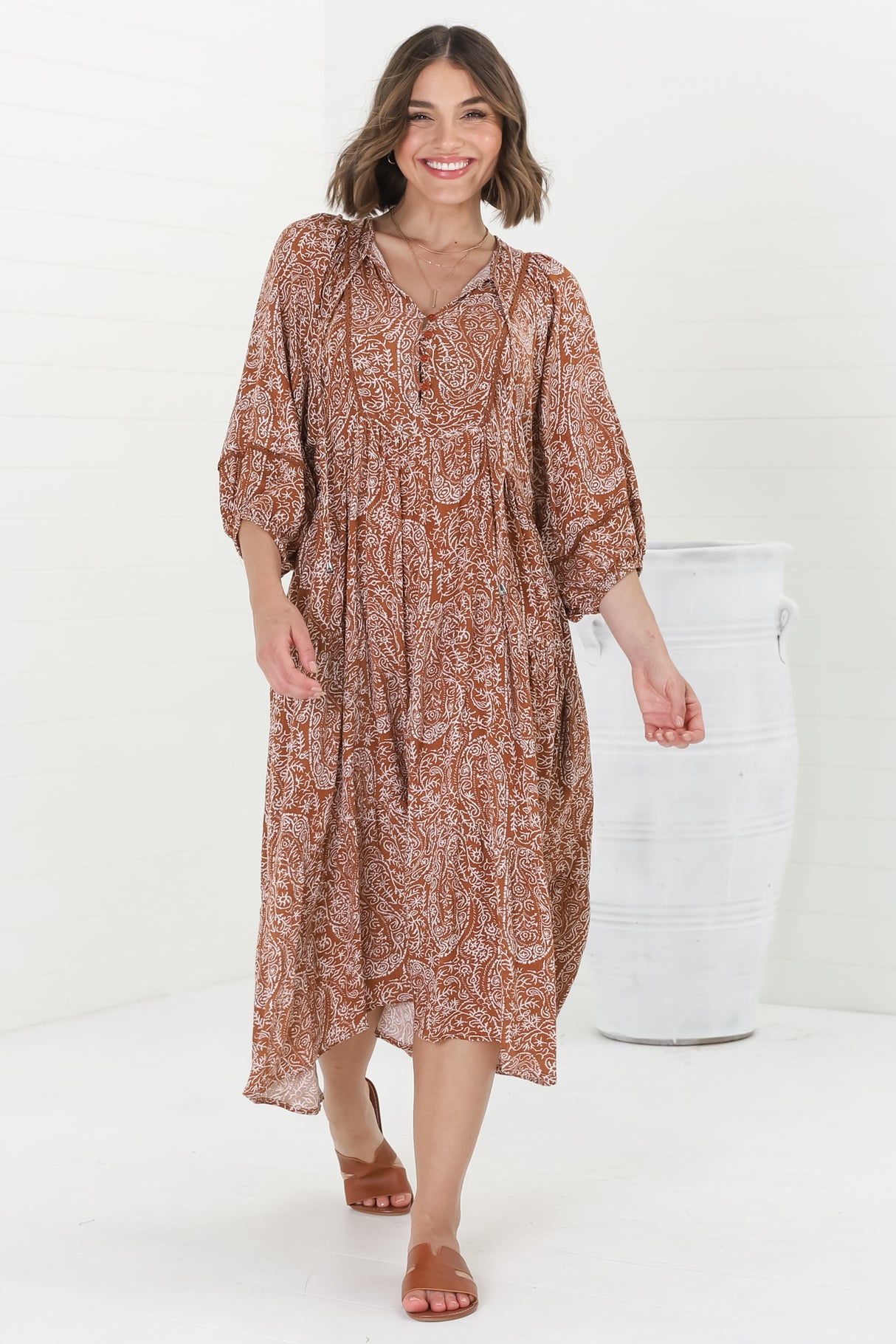 Kamali Midi Dress - Batwing Sleeve Smock Dress with Lace Detailing in Khalid Print Rust