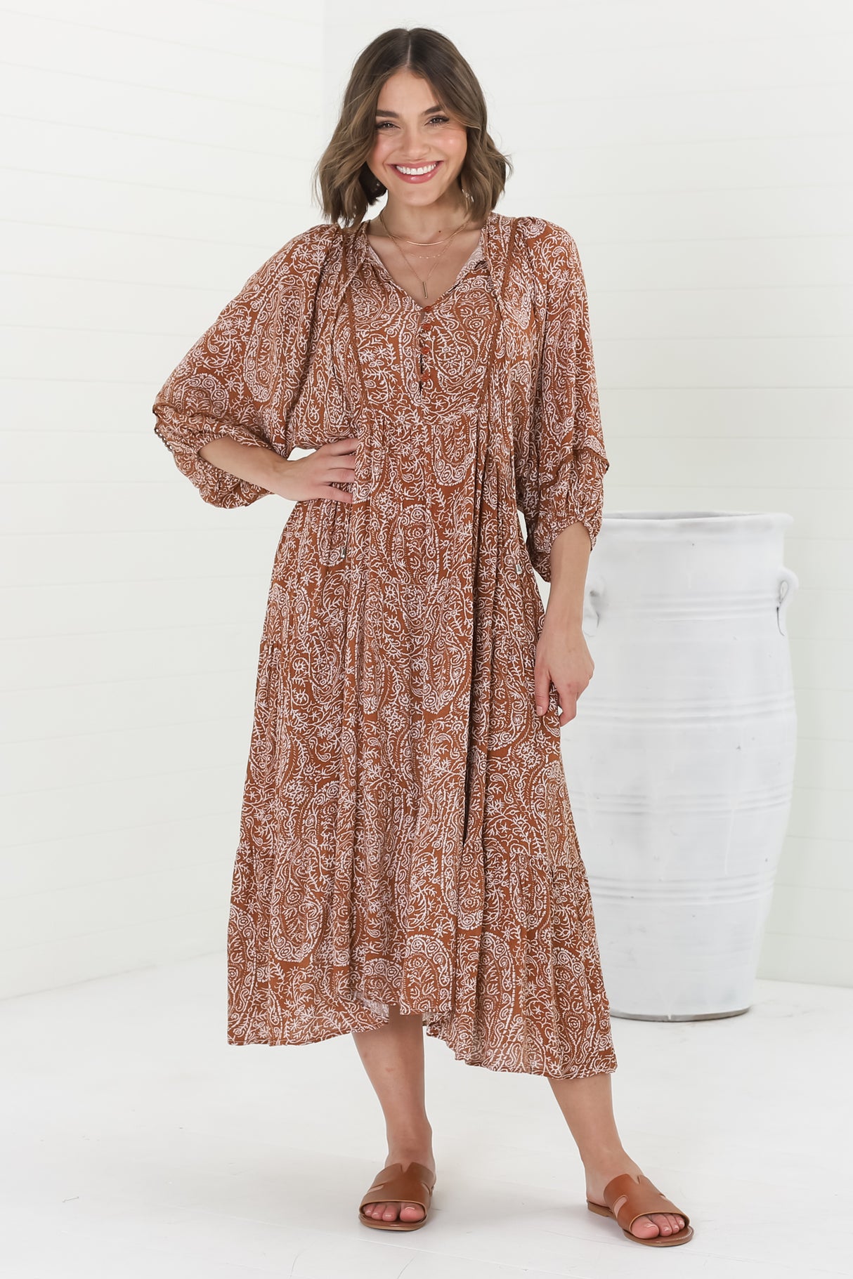 Kamali Midi Dress - Batwing Sleeve Smock Dress with Lace Detailing in Khalid Print Rust