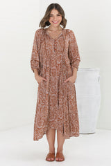 Kamali Midi Dress - Batwing Sleeve Smock Dress with Lace Detailing in Khalid Print Rust