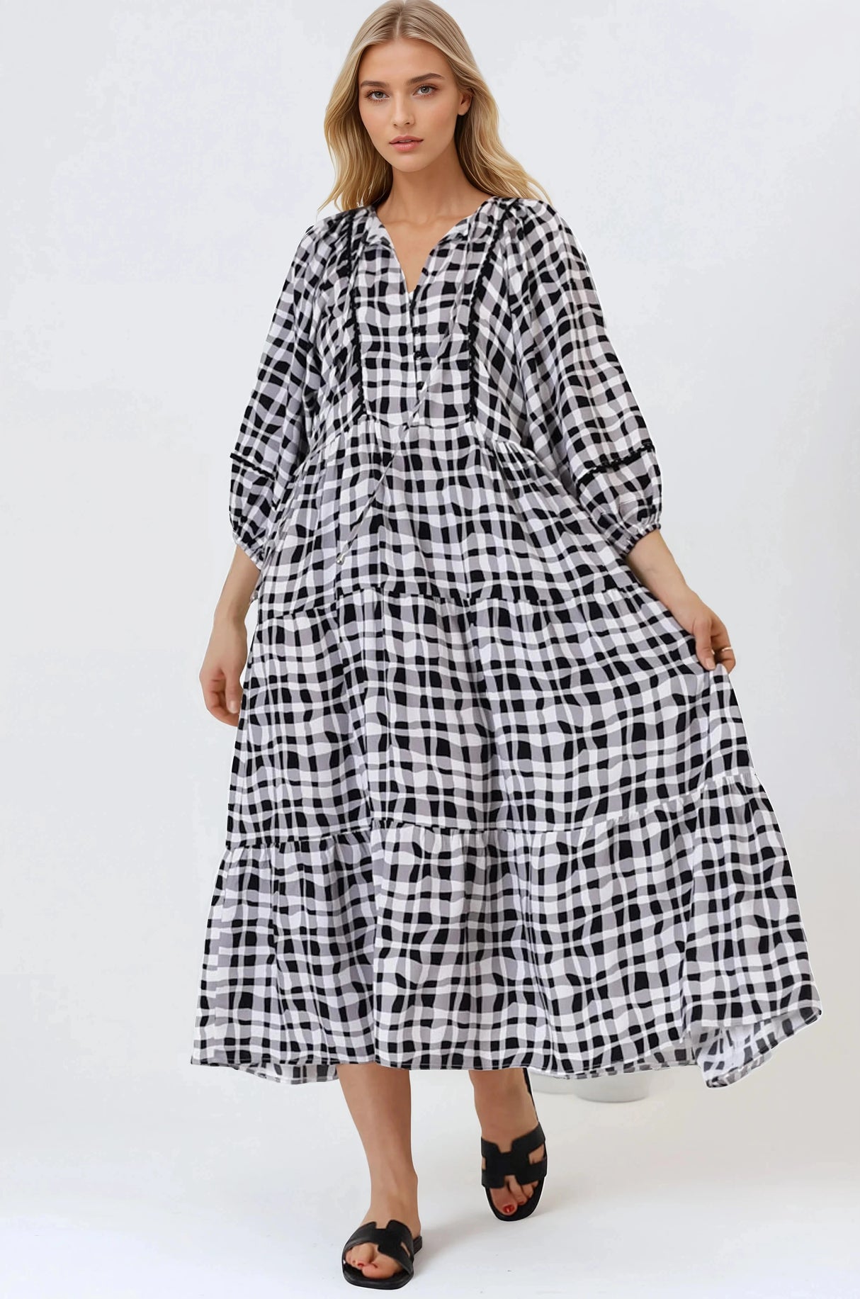 Kamali Midi Dress - Batwing Sleeve Smock Dress with Lace Detailing in Liniker Print Black