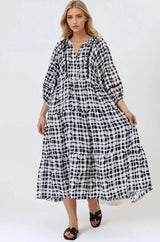 Kamali Midi Dress - Batwing Sleeve Smock Dress with Lace Detailing in Liniker Print Black