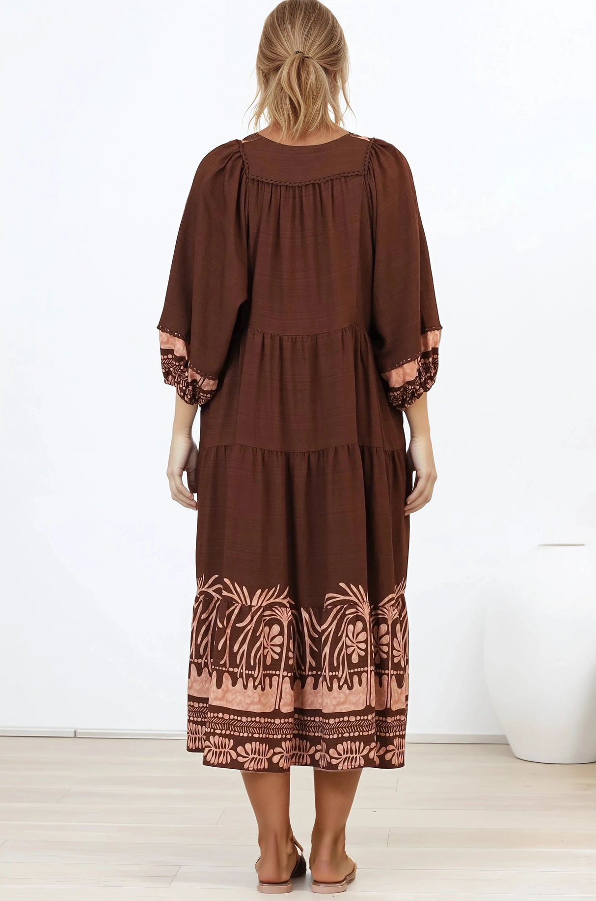 Kamali Midi Dress - Batwing Sleeve Smock Dress with Lace Detailing in Luma Print Brown