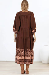 Kamali Midi Dress - Batwing Sleeve Smock Dress with Lace Detailing in Luma Print Brown