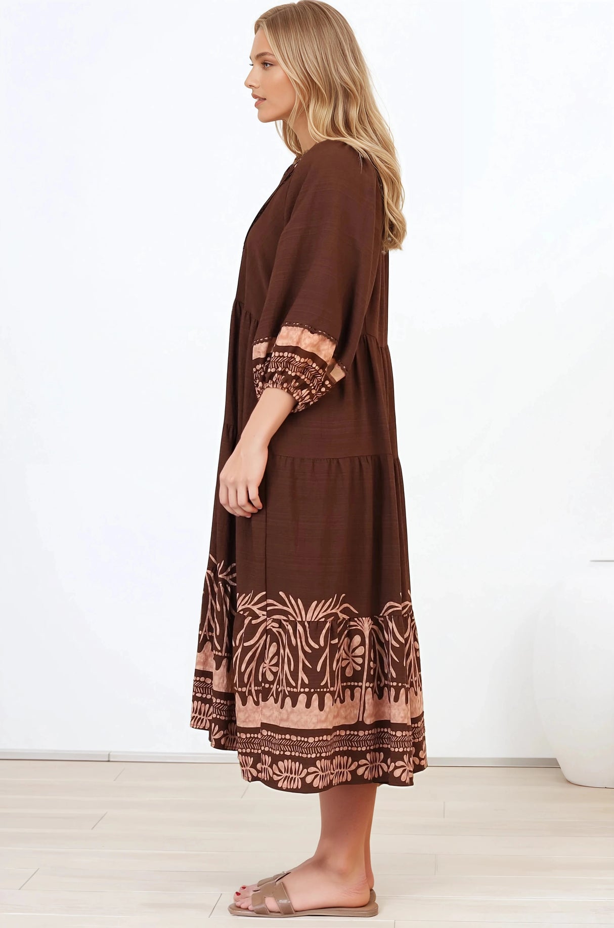 Kamali Midi Dress - Batwing Sleeve Smock Dress with Lace Detailing in Luma Print Brown