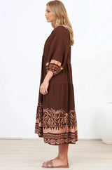 Kamali Midi Dress - Batwing Sleeve Smock Dress with Lace Detailing in Luma Print Brown
