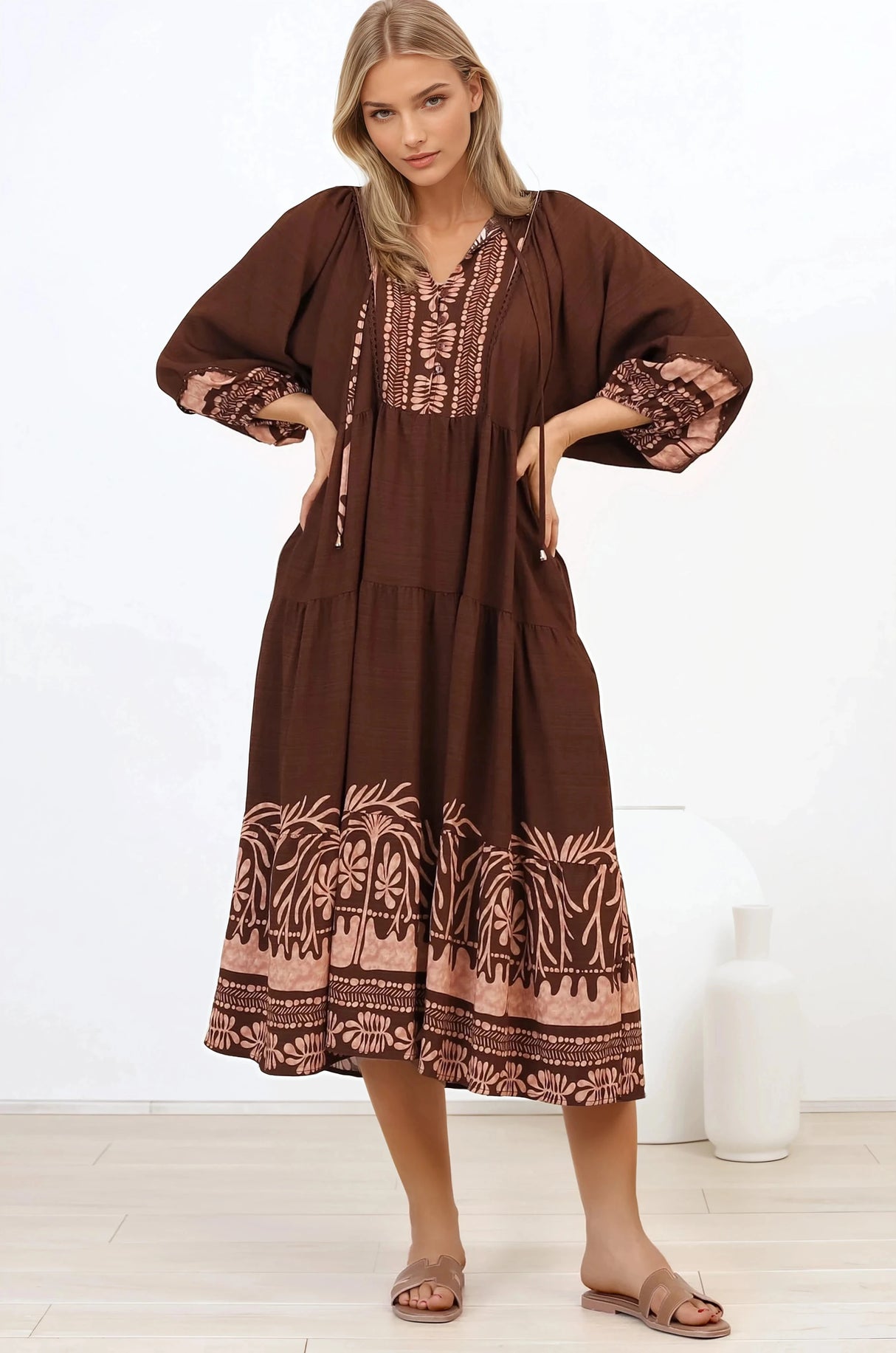 Kamali Midi Dress - Batwing Sleeve Smock Dress with Lace Detailing in Luma Print Brown