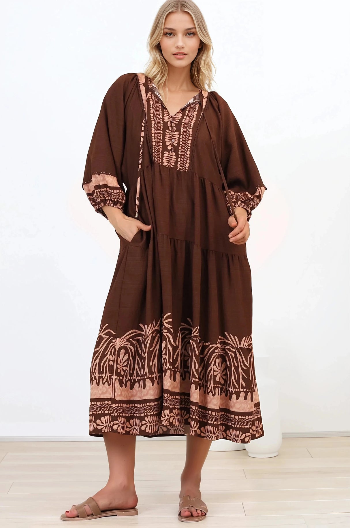 Kamali Midi Dress - Batwing Sleeve Smock Dress with Lace Detailing in Luma Print Brown