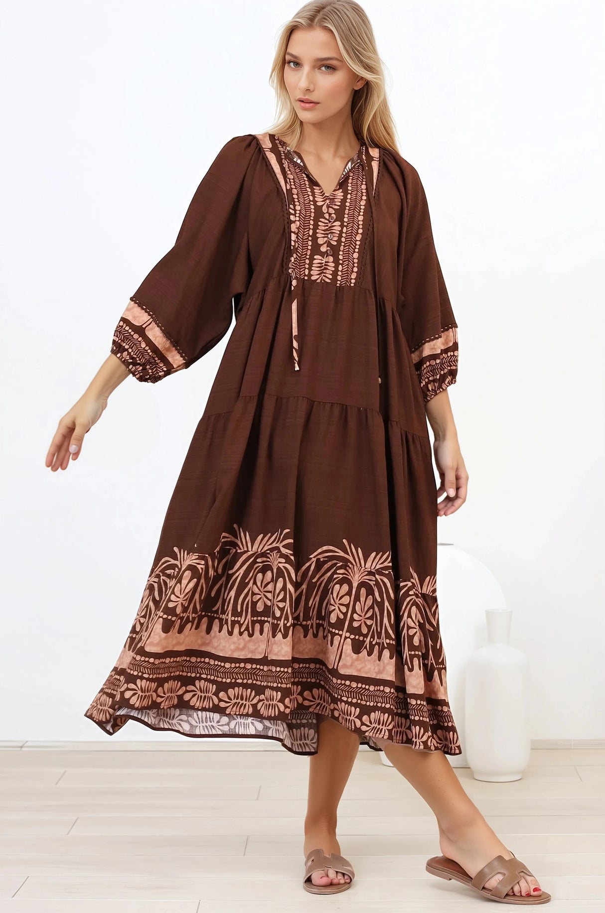 Kamali Midi Dress - Batwing Sleeve Smock Dress with Lace Detailing in Luma Print Brown
