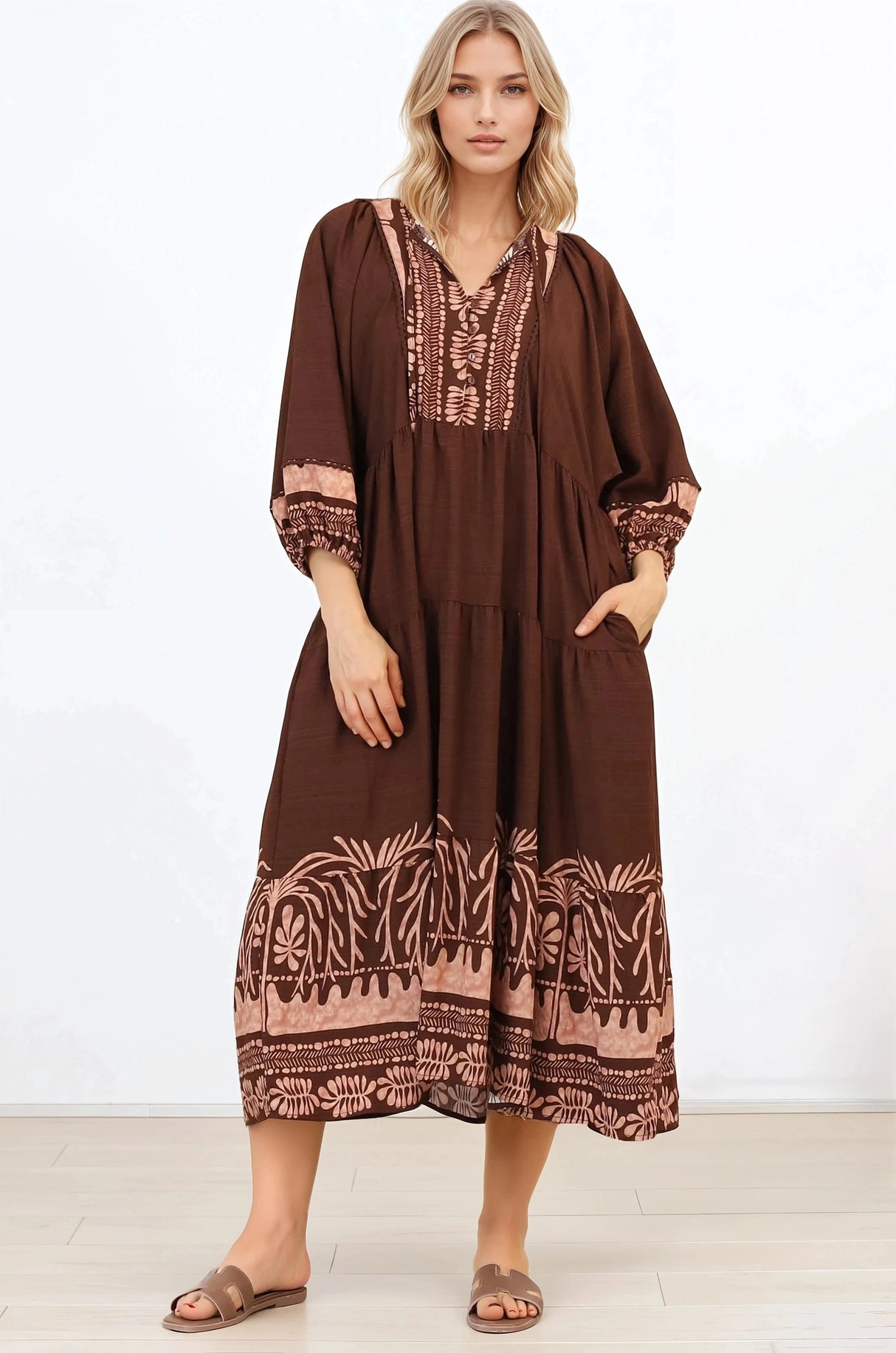Kamali Midi Dress - Batwing Sleeve Smock Dress with Lace Detailing in Luma Print Brown