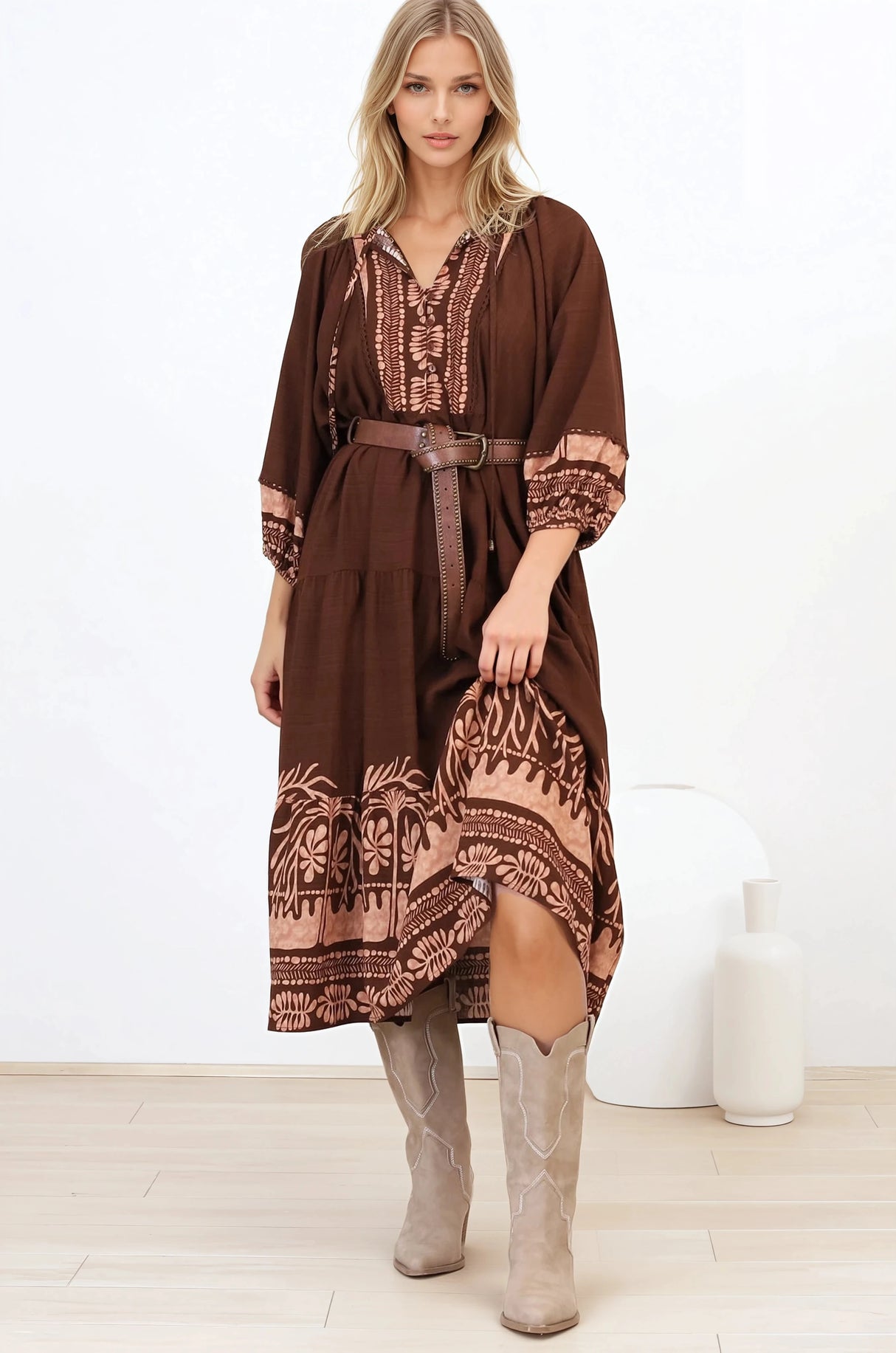 Kamali Midi Dress - Batwing Sleeve Smock Dress with Lace Detailing in Luma Print Brown