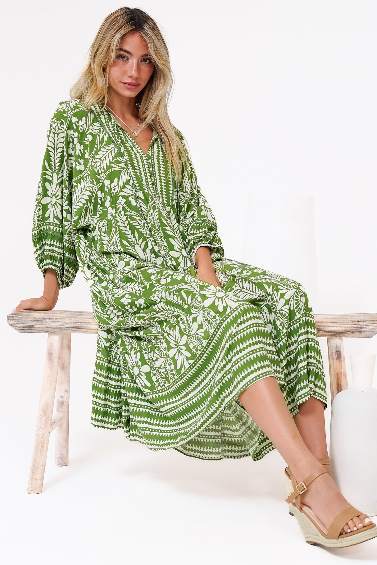 Kamali Midi Dress - Batwing Sleeve Smock Dress with Lace Detailing in Marette Print Green
