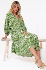 Kamali Midi Dress - Batwing Sleeve Smock Dress with Lace Detailing in Marette Print Green