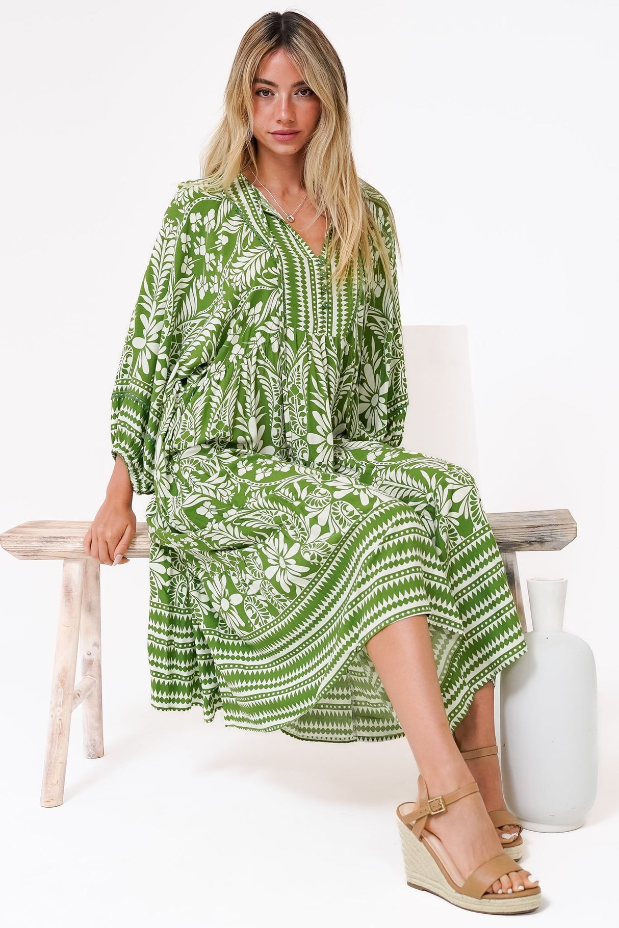 Kamali Midi Dress - Batwing Sleeve Smock Dress with Lace Detailing in Marette Print Green