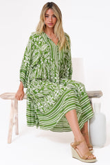 Kamali Midi Dress - Batwing Sleeve Smock Dress with Lace Detailing in Marette Print Green