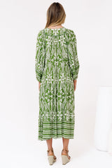 Kamali Midi Dress - Batwing Sleeve Smock Dress with Lace Detailing in Marette Print Green