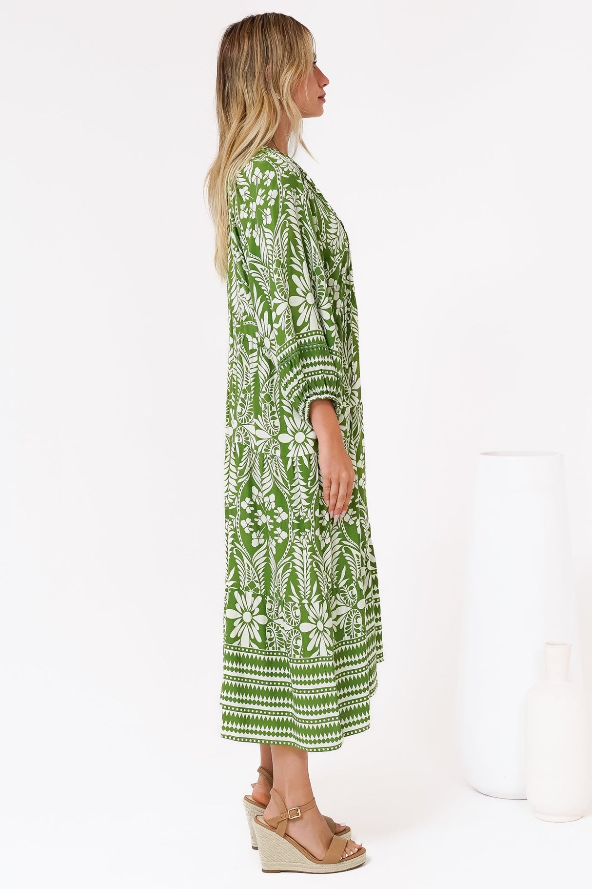 Kamali Midi Dress - Batwing Sleeve Smock Dress with Lace Detailing in Marette Print Green