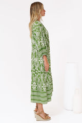 Kamali Midi Dress - Batwing Sleeve Smock Dress with Lace Detailing in Marette Print Green