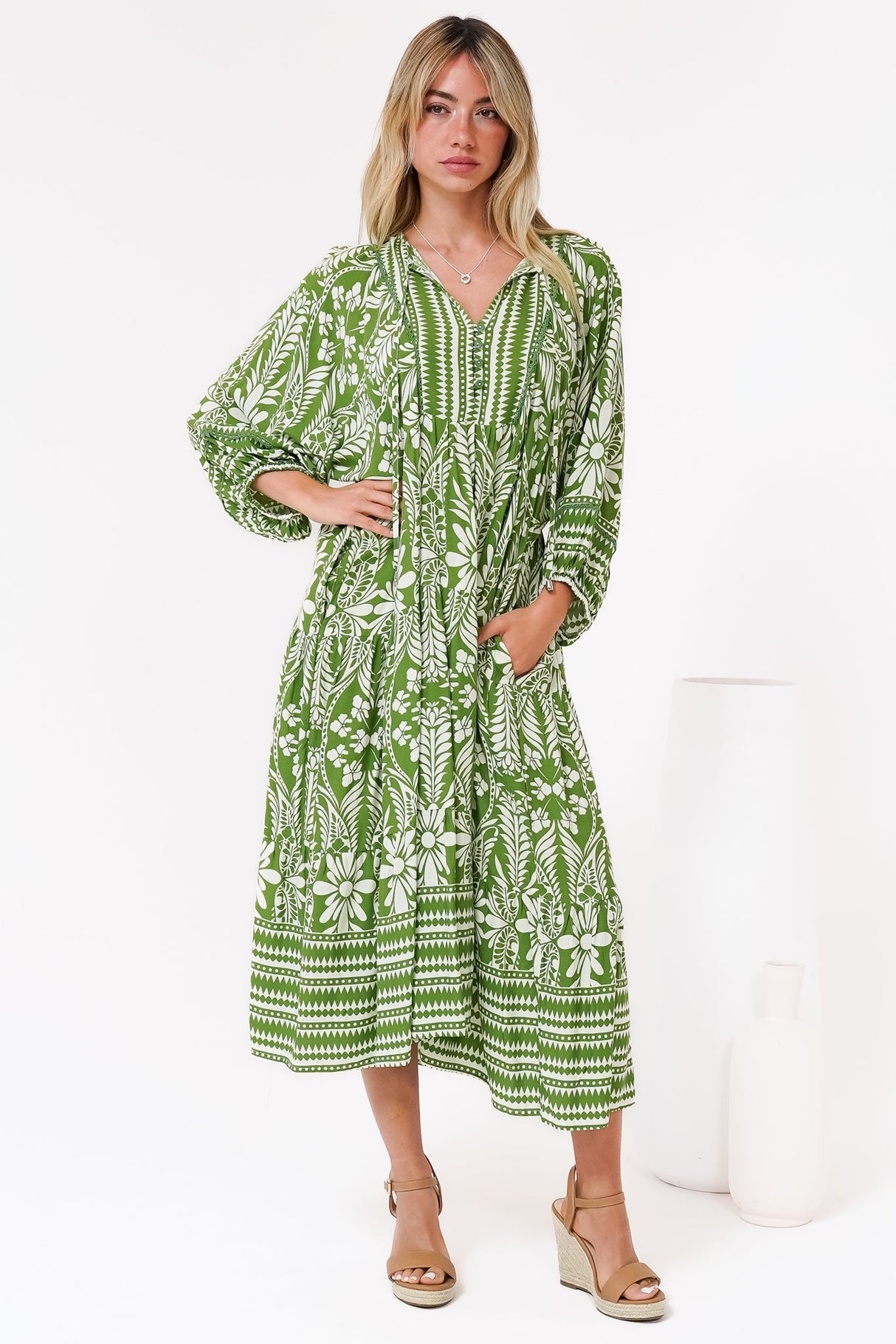 Kamali Midi Dress - Batwing Sleeve Smock Dress with Lace Detailing in Marette Print Green