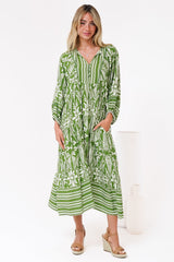 Kamali Midi Dress - Batwing Sleeve Smock Dress with Lace Detailing in Marette Print Green