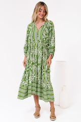 Kamali Midi Dress - Batwing Sleeve Smock Dress with Lace Detailing in Marette Print Green